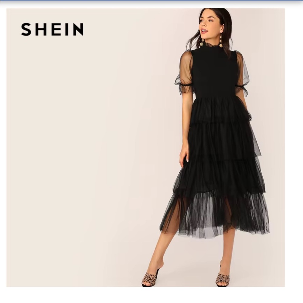 Elegant Black Tiered Women's Dress large Shein